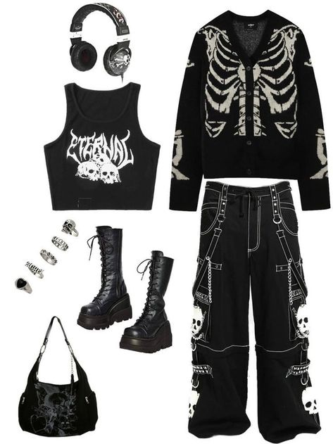 Skeleton Outfit Aesthetic, Punk Y2k Outfits, Punk Style Outfits, Write Your Name, Alt Outfits, Tomboy Style Outfits, New Rock, Punk Outfits, Mode Design