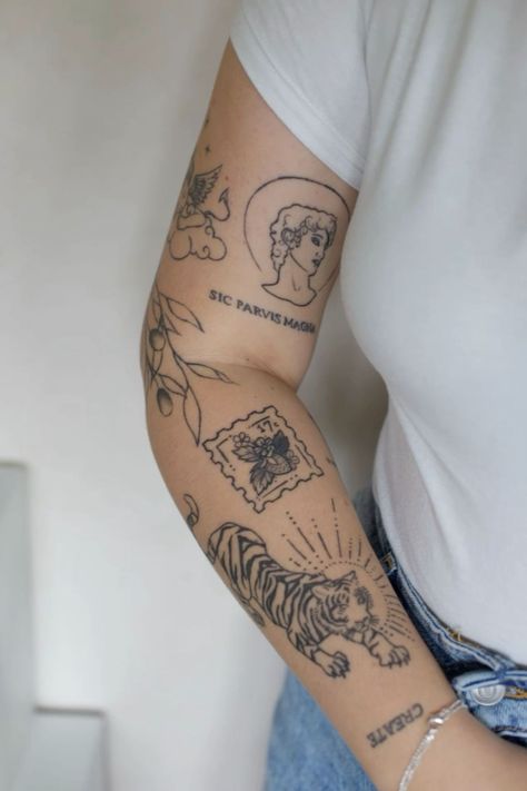 Patchwork Sleeve Tattoo, Patchwork Sleeve, Petite Tattoos, Arm Sleeve Tattoos, Dainty Tattoos, Sleeve Tattoos For Women, Feminine Tattoos, Little Tattoos, Simplistic Tattoos