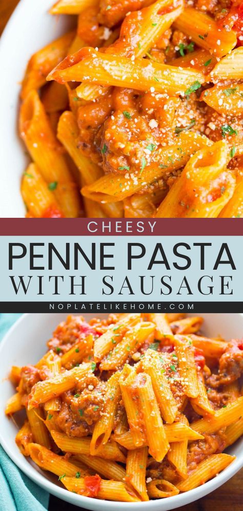 Get ready for this Cheesy Penne Pasta with Sausage! This Italian dinner recipe is perfect for beginner cooks. Mixed with a homemade Italian sausage meat sauce, this easy pasta dish is sure to be a hit with the whole family! Sausage Meat Sauce, Cheesy Penne Pasta, Sausage Meat Recipes, Ground Italian Sausage Recipes, Sausage Penne Pasta, Italian Sausage Recipes Pasta, Comfort Food Ideas, Easy Sausage Recipes, Ground Sausage Recipes