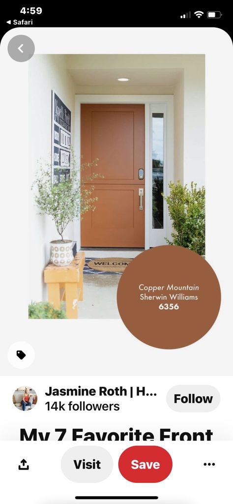 Front Door Colors Terra Cotta, Terra Cotta Color Front Door, Cinnamon Front Door, Sw Copper Mountain, Terra Cotta Door Color, Terracotta Door Color, Copper Mountain Sherwin Williams, Terra Cotta Door, Sherwin Williams Copper Mountain