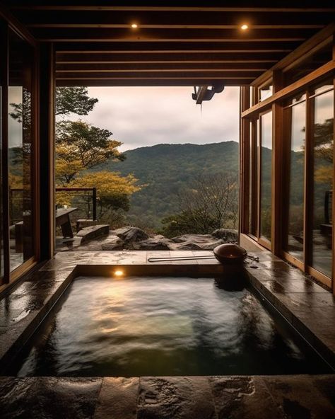 Ryokan Private Onsen with a View Japan Onsen Hot Springs, Japanese Onsen Design, Ryokan Aesthetic, Private Bathhouse, Onsen Aesthetic, Mountain Hot Tub, Outside Jacuzzi, Spa Outside, Ryokan Onsen