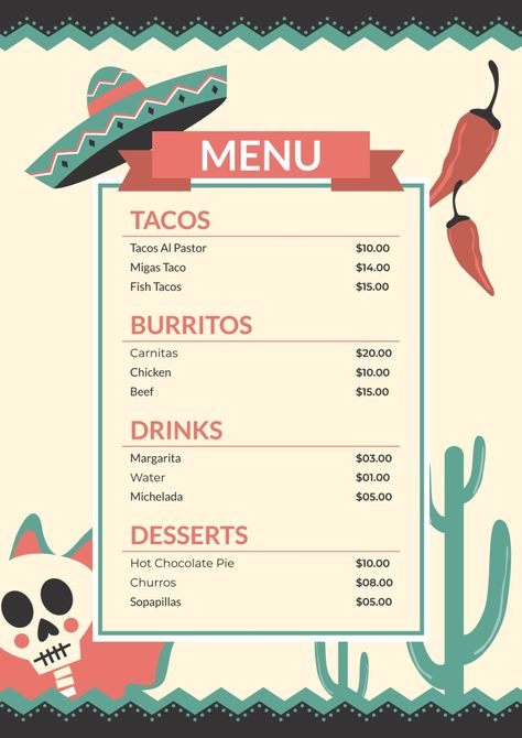 Creative Hand-drawn Mexican Restaurant Menu Taqueria Menu Ideas, Mexico Menu Design, Mexican Menu Design Templates, Mexican Restaurant Menu Ideas, Tacos Menu Design, Taco Menu Ideas, Spanish Menu Design, Spanish Menu Project, Taco Menu Design