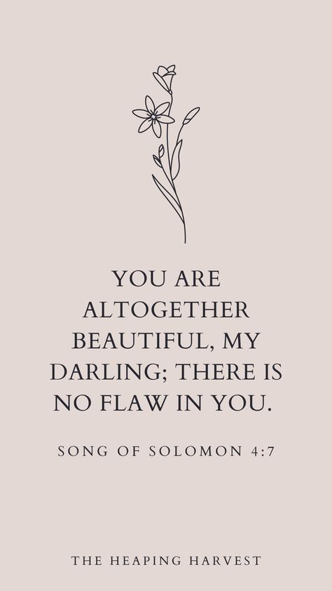 You are altogether beautiful, my darling; there is no flaw in you... Song of Solomon 4:7! Christian Encouragment, Christian Quotes and Sayings, Bible Verses, Christian Short Quotes, Aesthetic Quotes, Womens Christian Quotes, Christian Words. #christiangrowth #quotes #christian #bible #women #theheapingharvest Short Quotes Aesthetic, Cooking Date, Song Of Solomon 4 7, Solomon 4 7, Inspiring Aesthetic, Bible Verse Tattoos, Short Bible Verses, Motivational Bible Verses, Comforting Bible Verses