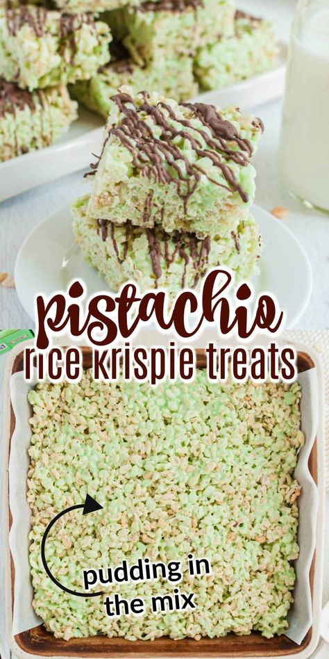 Made with pudding mix and drizzled with dark chocolate, these are not your everyday Rice Krispie Treats! Try this pistachio dessert that puts a new twist on your childhood favorite. Rice Crispy Treat Flavors, Pudding Rice Krispie Treats, Pistachio Rice Krispie Treats, Different Rice Krispie Treats, Crunch Bars Recipe Rice Krispies, Unique Rice Krispie Treats, Flavored Rice Krispie Treats, Rice Krispies With Chocolate, Gourmet Rice Krispie Treats