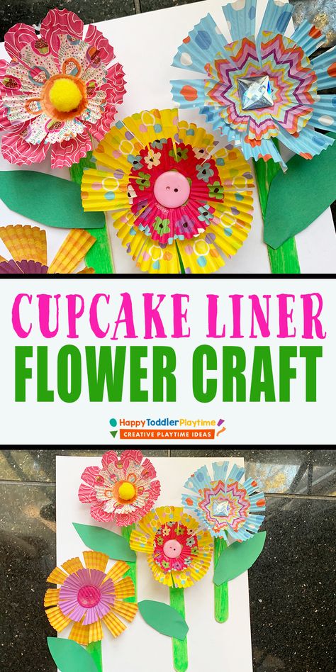 The Best Craft for Preschoolers: Quick & Easy Preschool Crafts - HAPPY TODDLER PLAYTIME Flower Crafts Preschool, Cupcake Liner Crafts, Cupcake Liner Flowers, Spring Flower Crafts, Spring Arts And Crafts, Easy Preschool Crafts, April Crafts, K Crafts, Plant Crafts