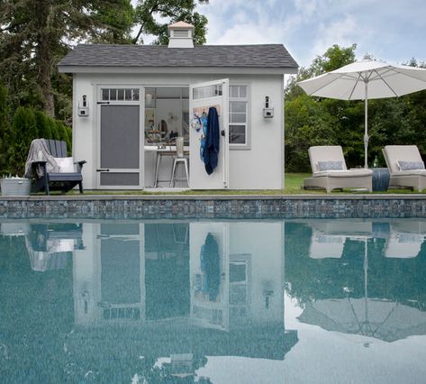 Pool House Exterior Ideas, Shed By Pool, Small Pool Houses Sheds Interior, Pool Shack Ideas, Tuff Shed Pool House, Shed Turned Into Pool House, Shed To Pool House Conversion, Shed Turned Pool House, Shed Pool House Ideas Interior