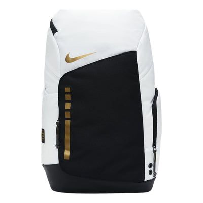 The Nike Hoops Elite Backpack (32L) in White/Black/Metallic Gold is your ultimate basketball companion. With ample storage, including a spacious main compartment and zip pockets, you can keep your gear organized.  Enjoy extra comfort with padded, adjustable shoulder straps and a stabilizing chest strap for all-day wear. White Nike Backpacks, Nike Elite Bag, Nike Backpack With Zipper Closure, Nike Elite Bookbag, Nike Bags Backpacks Black, Nike Basketball Backpacks, Nike Elite Backpack, Basketball Clothing, Elite Backpack