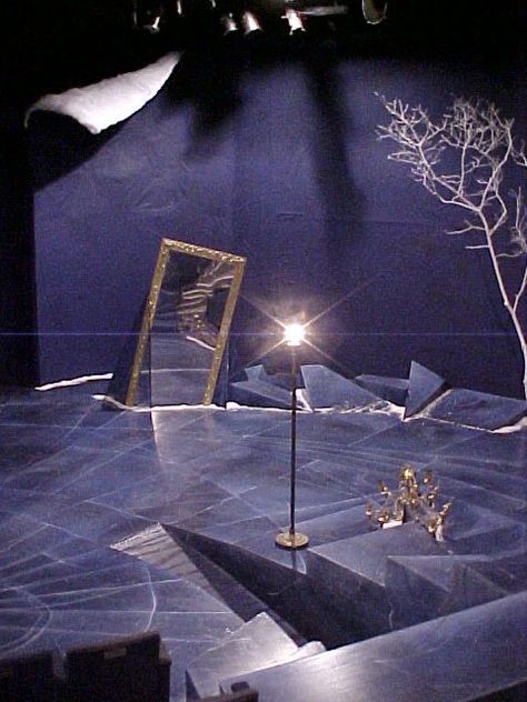 I don't know what it's from, but this set is incredibly interesting. Mirror Stage Design, Snow Set Design, Abstract Set Design, Mirror Set Design, Simple Set Design, Theatre Inspiration, Theatre Scene, Ghost Light, Set Design Theatre