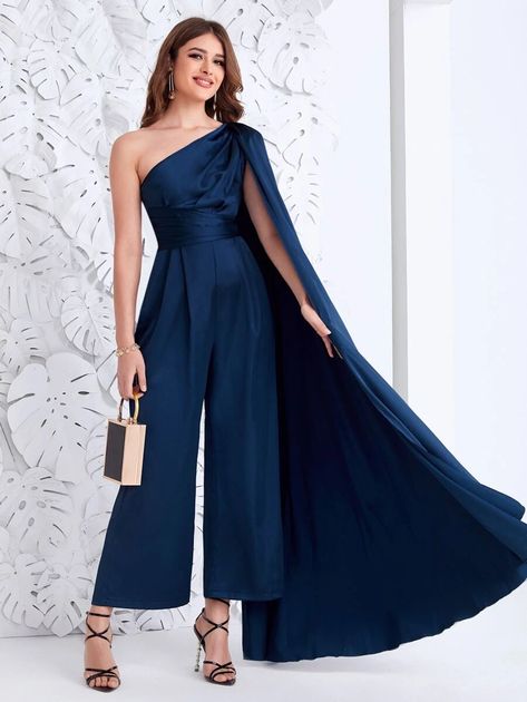 SHEIN Belle One Shoulder Extra-Long Sleeve Fold Pleated Satin Jumpsuit | SHEIN USA Blue Jumpsuits Outfit, Jumpsuit Outfit Wedding, Fancy Jumpsuit, Elegant Silk Dresses, Wedding Party Outfits, Jumpsuit Navy Blue, Formal Jumpsuit, Satin Jumpsuit, Jumpsuit Outfit