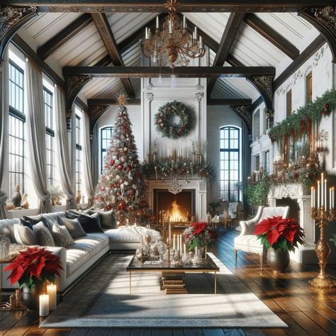 Christmas Farmhouse Interior Decoration Ideas: Embracing Rustic Charm with Festive Wall Art | Home Wall Art Decor Grand Farmhouse, Interior Decoration Ideas, Classic Wreath, Christmas Farmhouse, Farmhouse Living Room, Red Ornaments, Farmhouse Interior, Farmhouse Wall Art, Vaulted Ceiling