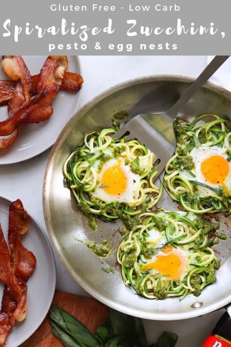 Zucchini Egg, Zucchini Zoodles, Pesto Eggs, Dairy Free Pesto, Caprese Salad Recipe, Breakfast Vegetables, Spiralized Zucchini, Protein Packed Meals, Breakfast Skillet