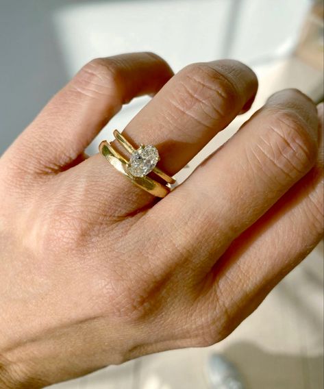 Big Band Engagement Rings, Simple Sleek Wedding Ring, Modern Groom Attire Classy, Dome Wedding Band With Engagement Ring, Engagement Ring With Simple Wedding Band, Radiant Engagement Ring With Thick Wedding Band, Thicker Wedding Band, 10 Year Engagement Ring Upgrade, Simple Wedding Ring And Band