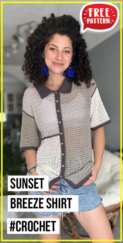 Summer Vest Crochet Pattern Free, Crochet Button Up Shirt Pattern Free, Crochet Button Up Shirt Pattern, Crochet Shirt Ideas, Crochet Short Sleeve Sweater Pattern Free, Crochet Shirt Diagram, Free Crochet Shirt Patterns, Crochet Polo Shirt Pattern Free, Crochet Collared Shirt Free Pattern