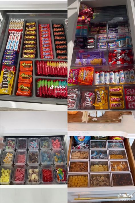 Snacks Drawer Organization, Movie Snack Drawer, Snack Cart Bedroom, Organized Snack Drawer, Aesthetic Snack Drawer, Food Storage In Bedroom, Snack Organization Ideas Bedroom, Snacks For Bedroom, Snack Drawer Organization Bedroom