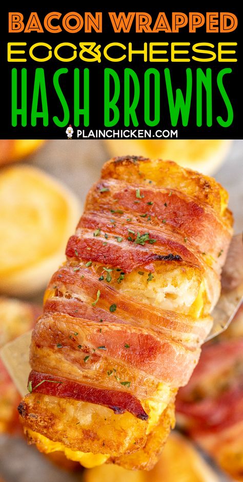 Bacon Wrapped Egg & Cheese Hash Browns - seriously DELICIOUS!!! Frozen hash brown patties stuffed with scrambled eggs and cheddar cheese and wrapped in bacon. Best breakfast EVER!!! Can make as many as you need at a time. Can assemble ahead of time and refrigerate or freeze for later. #breakfast #brunch #hashbrowns #bacon #baconeggcheese #freezermeal Hashbrown Patties Casserole Breakfast, Breakfast Ideas With Hashbrown Patties, Breakfast Casserole With Frozen Hashbrown Patties, Has Brown Patty Casserole, Best Breakfast Ever, Recipes With Hashbrown Patties, Recipes Using Hashbrown Patties, Hash Brown Patty Recipes, Grilled Breakfast Ideas