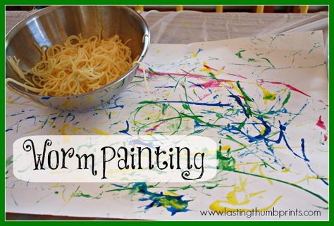 Worm Painting  - A fun sensory art project using spaghetti Worm Painting, Bug Activities, Insects Preschool, Bugs Preschool, Today Is Monday, Insects Theme, Sensory Art, Preschool Projects, Bug Crafts