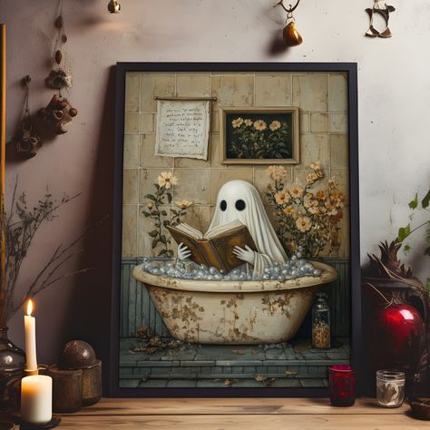 Bathtub Painting, Cheesecloth Ghost, Relaxing Decor, Halloween Bathroom, Bathtub Decor, Whimsical Wall Art, Ghost Decoration, Halloween Painting, Halloween Wall Art