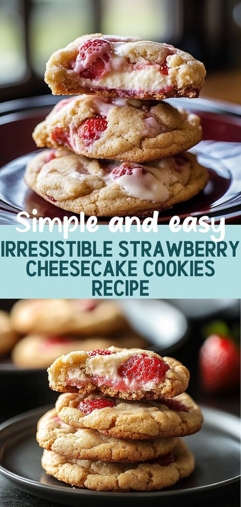 Dive into the world of flavors with these irresistible Strawberry Cheesecake Cookies! This recipe combines the rich, creamy texture of cheesecake with the sweet, juicy burst of fresh strawberries, all wrapped up in a soft, chewy cookie. Perfect for summer gatherings or as a delightful treat at home, these cookies are quick and easy to prepare. Impress your friends and family with a dessert that captures the essence of summer in every bite—perfect for any occasion! Quick At Home Desserts, Easy Strawberry Cheesecake Cookies, Strawberry Cheesecake Stuffed Cookies, Raspberry Cheesecake Cookies Subway, Strawberry Cheesecake Cookies Recipes, Fresh Strawberry Dessert Recipes, Cheesecake Cookies Easy, Fresh Strawberry Recipes Desserts, Strawberry Cheesecake Dessert