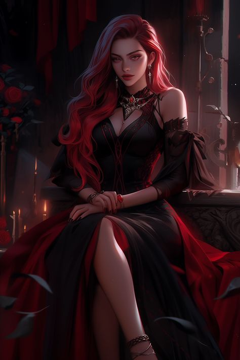 Red Hair Female Character Art, Vampire Art Female, Vampire Woman Art, Vampire Red Hair, Vampire Girl Art, Female Vampire Art, Red Hair Vampire, Vampire Female, Anime Long Hair