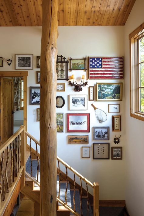 A Rustic Cabin at the Edge of a Willow-Lined Stream Embraces Eclectic Design - Mountain Living Cabin Staircase, Adirondack Camp, Wyoming Landscape, Fire Pit Seating Area, Built In Banquette, Black Forest Decor, Cozy Breakfast Nook, Elk Antler, Wicker Dining Chairs