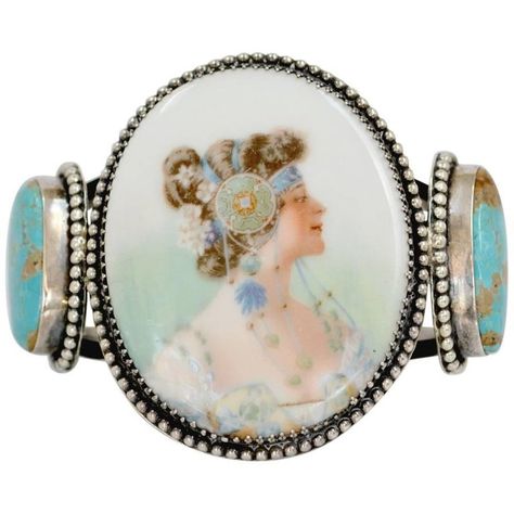 Jill Garber Rare Art Nouveau Mucha Goddess Portrait with Turquoise Cuff Bracelet | From a unique collection of vintage Cuff Bracelets at https://www.1stdibs.com/jewelry/bracelets/cuff-bracelets/. Goddess Portrait, Art Nouveau Mucha, Vintage Cuff Bracelet, Bracelet Art, Antique Filigree, French Porcelain, Turquoise Bracelet Cuff, Silver Jewellery Sets, Royston Turquoise