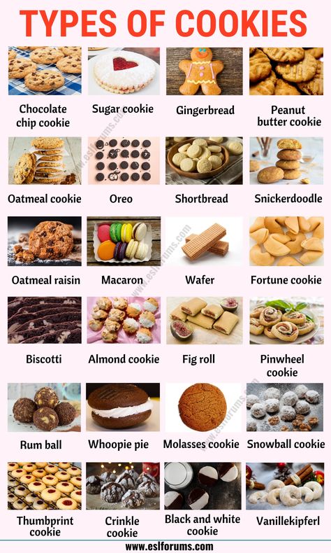 Types of Cookies: List of 20+ Different Types of Cookies with ESL Picture! - ESL Forums Different Types Of Cookies, Types Of Cookies, Popular Cookies, Food Vocabulary, Food Infographic, Cake Name, Types Of Cakes, Fun Baking Recipes, Food Facts