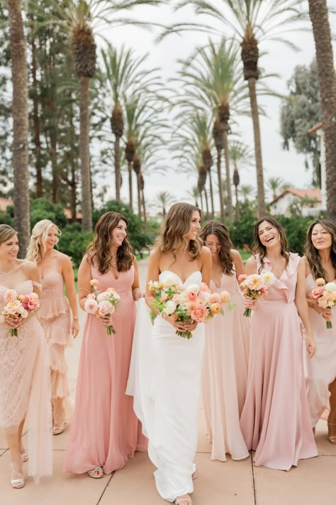 Pastel Pink Bridesmaid Dresses #WeddingChicks #modernwedding #resortwedding #CaliforniaWedding #SoCalWedding Pastel Coral Bridesmaid Dresses, Blush Pink Bridesmaid Dresses Beach, Blush Pink Bridesmaid Dresses Mismatched, Pink Wedding Theme Beach, Pastel Pink Bridesmaid Dress, Pink Beach Bridesmaid Dresses, Peach Bridesmaid Dress, Pink And Orange Bridesmaids, Pink Champagne Bridesmaid Dresses