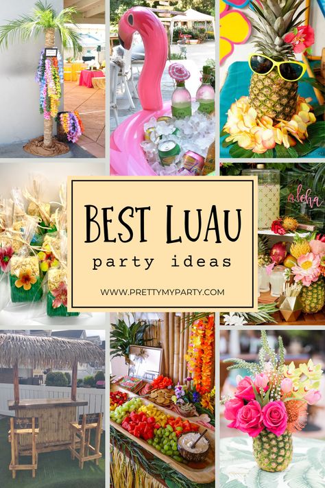 Best Luau Party Ideas on www.prettymyparty.com #luau #luaupartyideas #luaubirthdayparty #hawaiianparty #tropicalparty #summerpartyideas Tiki Luau Party Ideas, Fancy Hawaiian Party, Loua Party, Ideas For Hawaiian Party, Tropical Themed Party Ideas, Hawaiian Themed Parties, Tropical Luau Birthday Party, Teen Luau Party Ideas, Outdoor Luau Party Ideas