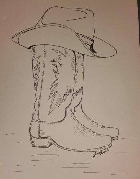 Boots With Hat Drawing, Cool Western Drawings, Country Themed Paintings, Drawings Of Hats, Cowboy Drawing Ideas, Cowboy Drawings Easy, Cowboy Boots With Flowers Drawing, Western Art Sketches, Rodeo Paintings Easy