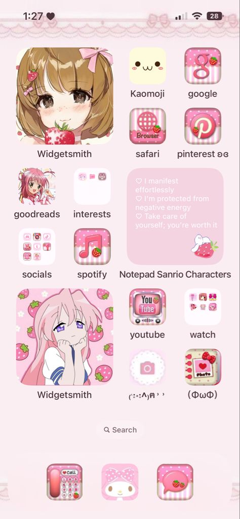 #homescreen #ios #iphone #kawaiiwallpaper #cutecore🎀🍓🎤🍮 #kawaiiphonesetup Kawaii Ios Homescreen, Kawaii Iphone Icons, Cutecore Iphone Layout, Cutecore Homescreen, Iphone Customization Ideas, My Homescreen, Kawaii App, Phone Customization, Lockscreen Ios