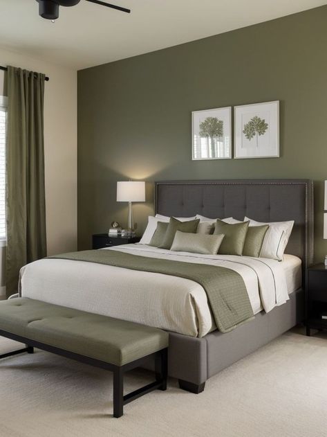 Simple Bedroom Color Schemes, Simple Headboards, Grey Green Bedrooms, Room Color Ideas Bedroom, Bedrooms Inspiration, Taupe Bedroom, Green Bedroom Walls, Apartment Simple, Green Bedroom Decor