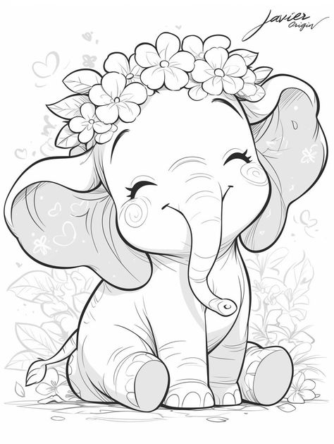 Cute Elephant Drawings, Kawaii Elephant, Amazing Coloring Pages, Elephant Coloring, Elephant Coloring Page, Baby Animal Drawings, Elephant Drawing, Cool Pencil Drawings, Pola Sulam