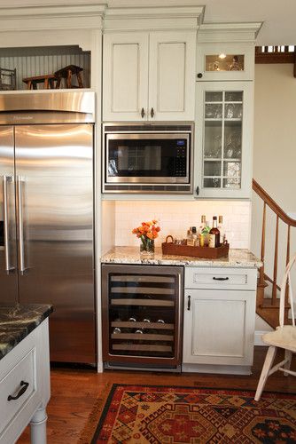 Microwave wall, wine rack over fridge, wine fridge-everything for the remodel! Built In Microwave Cabinet, Microwave Cabinet, Backsplash Design, Kitchen Desks, Pantry Remodel, Kitchen Desk, Marble Backsplash, Built In Microwave, Built In Cabinets