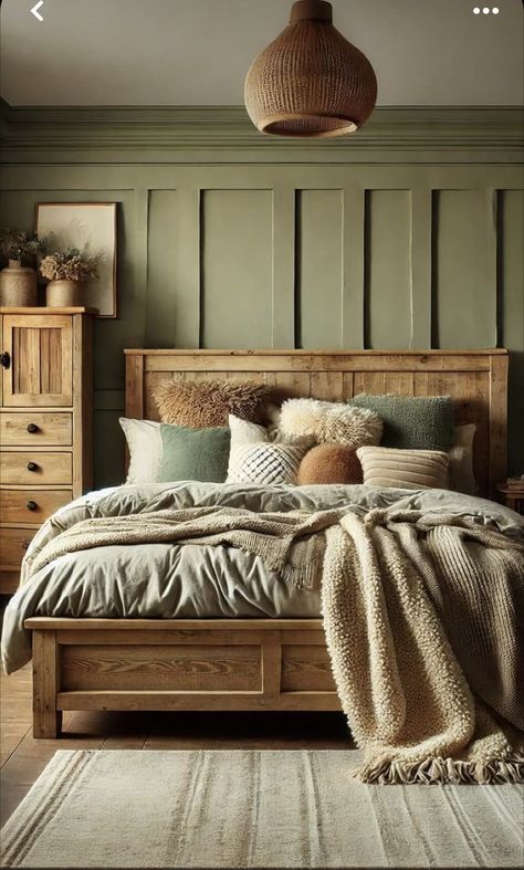 Sage Green Country Bedroom, Sage Green And Burnt Orange Bedroom Ideas, Sage Green Loft Bedroom, Earthy Bedroom Colors, Fall Colors Bedroom, Bedrooms With Green Walls, Pistachio Bedroom, Sage Green And Beige Bedroom, Sage Bedroom Ideas