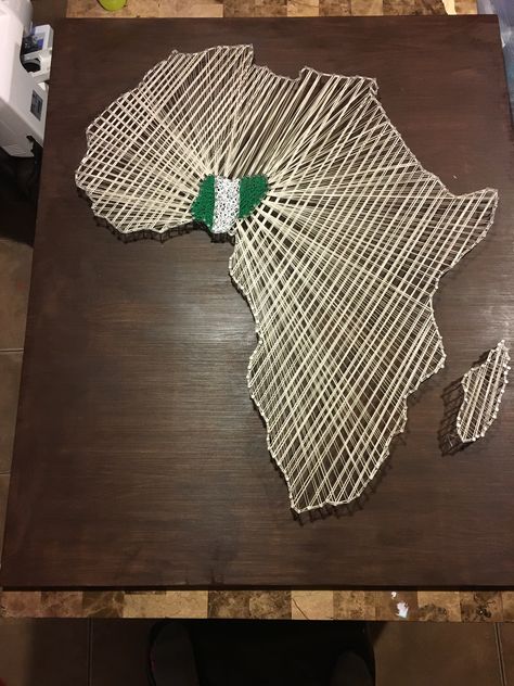 String art pattern Nigeria Africa map green white wood nails Africa Map Aesthetic, African Map Art, Nigerian Art, Strings Art, String Art Pattern, Africa Artwork, Maps Aesthetic, String Art Templates, String Art Tutorials