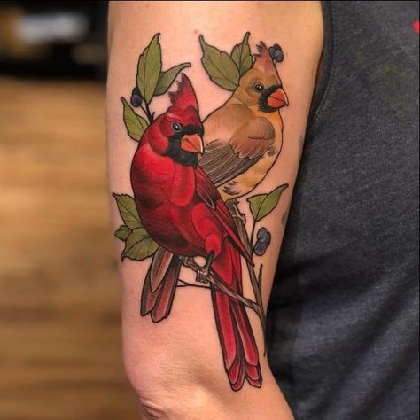 Two cardinal upper arm tattoo 1 Female Cardinal Tattoo, Cardinal Tattoo Ideas, Cardinal Bird Tattoos, Small Cardinal Tattoo, Dogwood Flower Tattoos, Arm Tattoo Designs, Upper Arm Tattoo, Red Bird Tattoos, Cardinal Tattoo