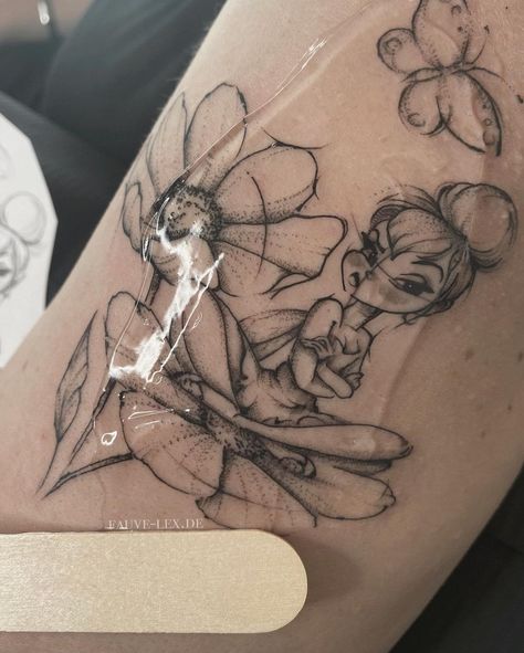 Fairy Tattoo Designs Black Women, Tinkerbell Ankle Tattoo, Gothic Tinkerbell Tattoo, Goth Tinkerbell Tattoo, Black Tinkerbell Tattoo, Disney Fairy Tattoo, Fairy Garden Ideas Tattoo, Tinker Bell Tattoos, Tinkerbell Tattoo Sassy