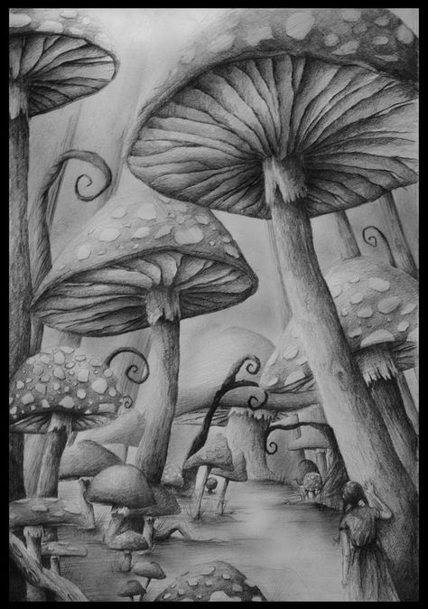 Mushroom Inspiration, Shroom Art, Conscious Art, Landscape Pencil Drawings, Alice In Wonderland Drawings, Wonderland Artwork, Wonderland Tattoo, Fairy Drawings, Mushroom Drawing