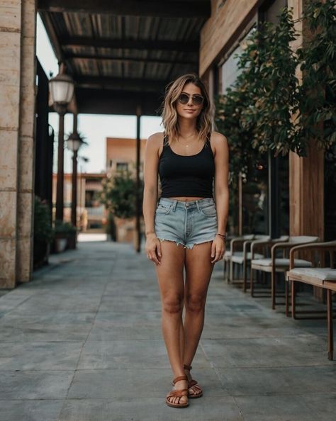 Spring Washed Black Cotton Shorts, Shorts And Sandals Outfit, Jean Shorts And Black Tank, Washed Black Summer Shorts, Casual Washed Black Denim Shorts, Black Denim Jean Shorts With Built-in Shorts, Black Tank Top, Sandals Outfit, Brown Sandals