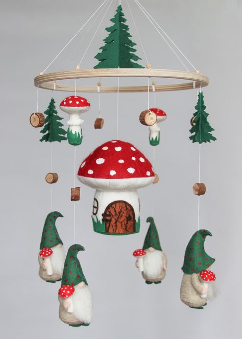 Gnome Nursery Theme, Gnome Nursery, Forest Baby Nursery, Mushroom Nursery, Gnomes And Mushrooms, Cottagecore Baby, Woodland Baby Mobile, Mobile Ideas, Neutral Crib