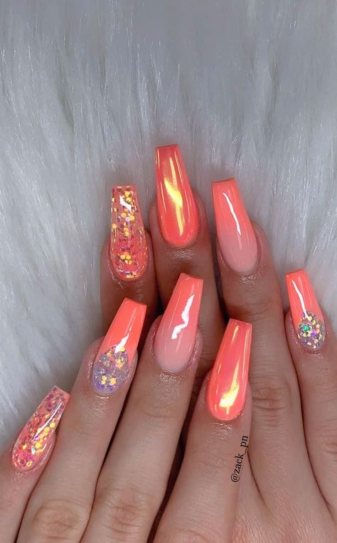 Coral Nails With Design, Acrylic Coffin Nails, Peach Nails, Coral Nails, Acrylic Coffin, Summer Acrylic Nails, Acrylic Nail Art, Orange Nails, Fabulous Nails