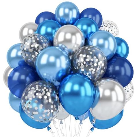 Blue And Silver Balloons, Blue Silver Balloons, Dark Blue Party, Balloon For Birthday, 18th Birthday Party Themes, Silver Balloons, Light Blue Ribbon, Blue Confetti, Mens Birthday Party