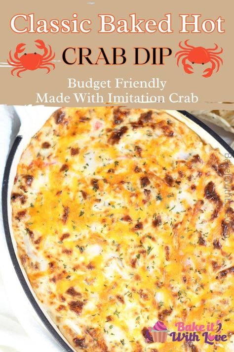 Hot imitation crab dip is a rich and cheesy chip or cracker dip that is easy to make, is perfect for parties, and always gets rave reviews! This warm seafood dip can be whipped up in under 30 minutes with just a handful of ingredients. You can even mix your crab dip in advance and bake it before the party so it's hot and fresh! BakeItWithLove.com #appetizer #seafood #partyfood #chipdip #snack #crab Imation Crab Dip Recipes, Imitated Crab Dip Recipes, Imitatation Crab Dip Recipe Ideas, Immitation Crab Recipes, Crabmeat Dip, Cheesy Crab Dip, Warm Crab Dip, August Recipes, Baked Crab Dip