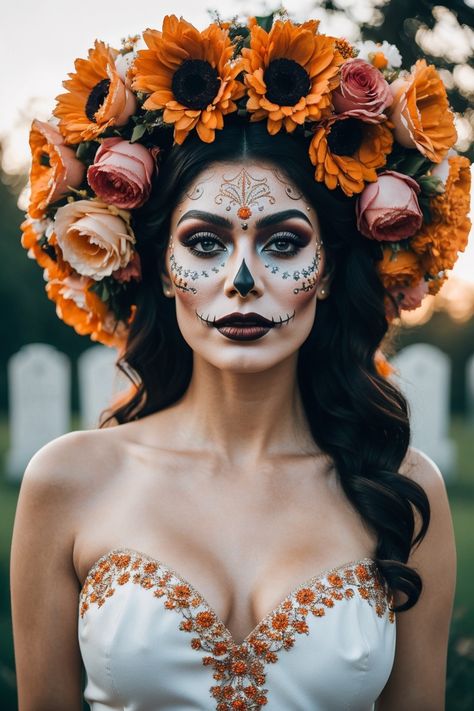 Sugar Skull Hair Ideas, Candy Skull Makeup Halloween, Subtle Dia De Los Muertos Makeup, Glam Catrina Makeup, Sugar Skull Outfit Ideas, Day Of The Dead Makeup Couples, Day Of The Dead Womens Costume, Day Of The Dead Headpiece Diy, Catrina Headpiece Diy