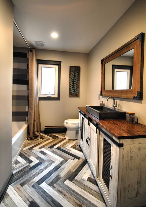 Herringbone Bath Floor Reclaimed wood Vanity multi-colored shower tile Multi Color Wood Flooring, Multi Colored Wood Floors, Wood Bathroom Floor, Floor Bathroom Ideas, Pallet Flooring, Reclaimed Wood Bathroom, Reclaimed Wood Vanity, Bedroom Remodeling, Guest Bedroom Remodel