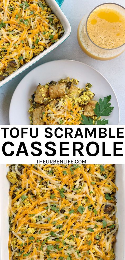 This Vegan Breakfast Casserole is dairy free, egg free, vegan, vegetarian. Perfect for brunch, holidays, make ahead, Christmas morning. Easy Tofu, Tater Tot Casserole Recipe, Vegan Breakfast Casserole, Dairy Free Appetizers, Tofu Breakfast, Tater Tot Casserole Recipes, Gluten Free Breakfast, Tot Casserole, Brunch Recipe