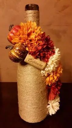 75+ Easy DIY Dollar Store Fall Centerpiece Ideas and Decorations - Holidappy Fall Centerpiece Ideas, Fall Wine Bottles, Wine Diy, Wine Crafts, Wrapped Wine Bottles, Old Wine Bottles, Empty Wine Bottles, Bottle Ideas, Wine Craft