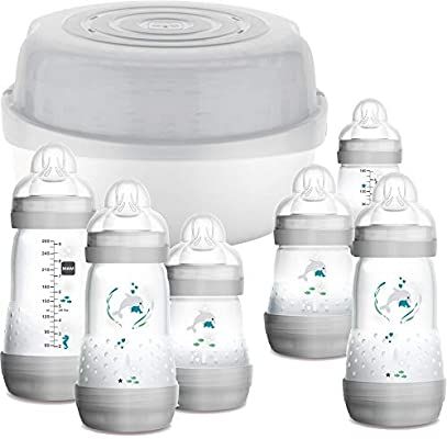 MAM Easy Start Bottle & Microwave Steriliser Set, Comes with 6x MAM Easy Start Self Sterilising Anti-Colic Baby Bottles, BPA Free Bottle Steriliser for Babies: Amazon.co.uk: Baby Mam Bottles, Baby Bottle Set, Anti Colic Bottles, Baby Bottle Sterilizer, Colic Baby, Bottle Sterilizer, Bottle Warmer, Bottle Feeding, Bottle Brush