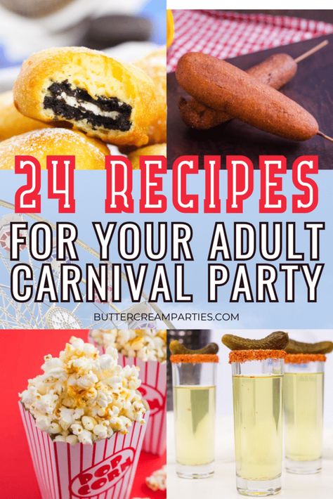 Adults can have a carnival themed party, too! Find the best food, decor, invitations, cocktails, and even an itinerary so your party will be memorable forever. Carnival Dinner Party, Food For Carnival Themed Party, Circus Theme Appetizers, Circus Theme Party Food Snacks, Diy Carnival Food, Halloween Carnival Food Ideas, Creepy Carnival Food Ideas, Elevated Carnival Food, Carnival Themed Cocktails