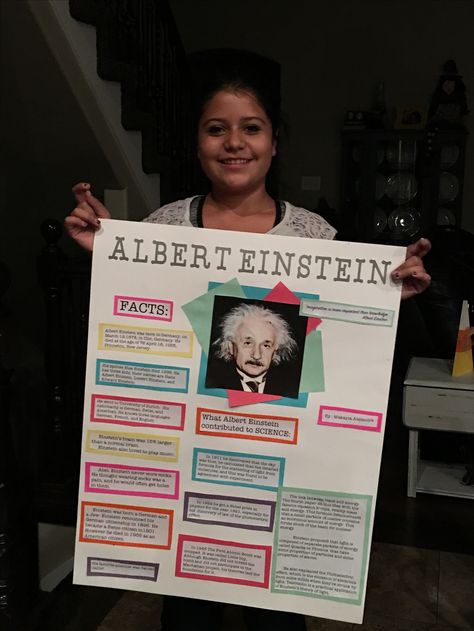 Albert Einstein Famous Person Poster Project, Famous Person Project Ideas, Albert Einstein Science Project, Biography Poster Ideas, Albert Einstein Projects, Posterboard Projects For School, Albert Einstein Biography, Albert Einstein For Kids, Einstein Project